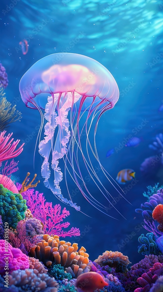 Naklejka premium A vibrant jellyfish gracefully glides through a colorful coral reef under bright sunlight