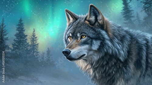 Wallpaper Mural Majestic wolf gazes at the northern lights under a starlit sky in a tranquil forest Torontodigital.ca