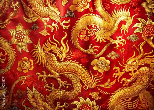 Wallpaper Mural Vibrant red and gold silk fabric with intricate dragon and phoenix patterns, creating a traditional and luxurious Torontodigital.ca