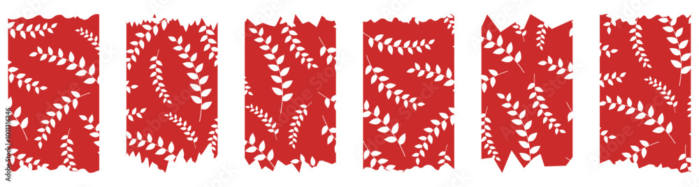 Set of red washi tapes with white leaves pattern isolated on white. Washi tape collection in vector. Pieces of decorative tape for albums. Torn paper Set of red washi tapes with white leaves pattern isolated on white. Washi tape collection in vector. Pieces of decorative tape for albums. Torn paper