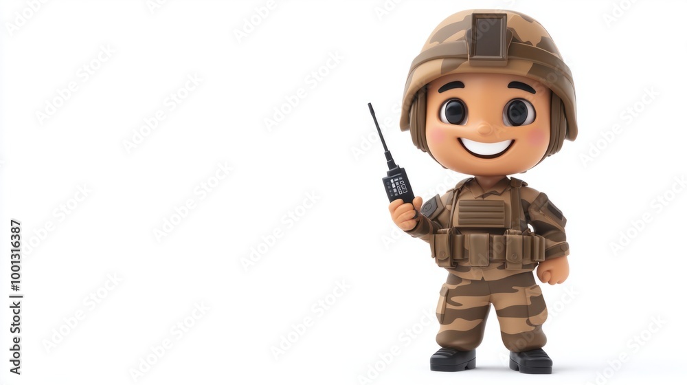 A military cartoon with a tiny soldier holding a walkie-talkie, isolated on white background, smiling brightly. A military cartoon with a tiny soldier holding a walkie-talkie, isolated on white background, smiling brightly.