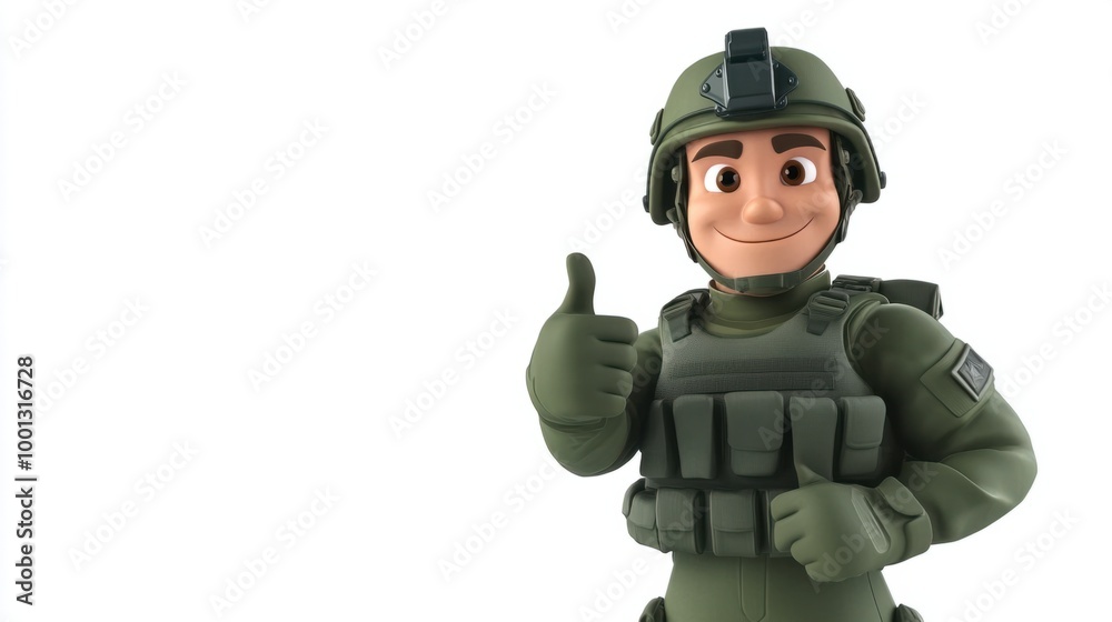 Military cartoon character in green gear and helmet, giving a thumbs-up, isolated on white background, looking cheerful. Military cartoon character in green gear and helmet, giving a thumbs-up, isolated on white background, looking cheerful.