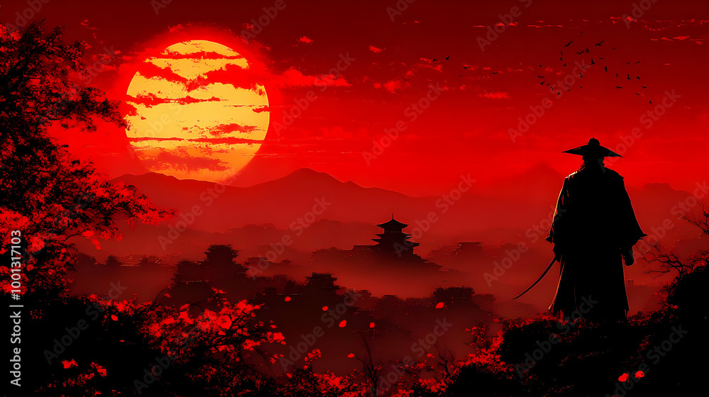 Samurai Silhouette at Sunset with Cherry Blossoms Samurai Silhouette at Sunset with Cherry Blossoms