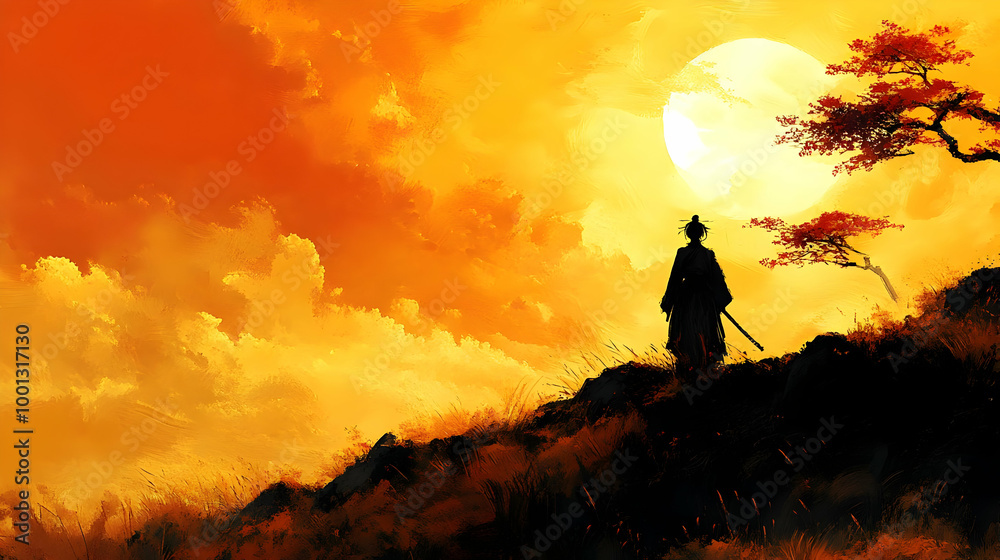 Silhouette of a Warrior Standing on a Hilltop Against a Dramatic Sunset Sky Silhouette of a Warrior Standing on a Hilltop Against a Dramatic Sunset Sky
