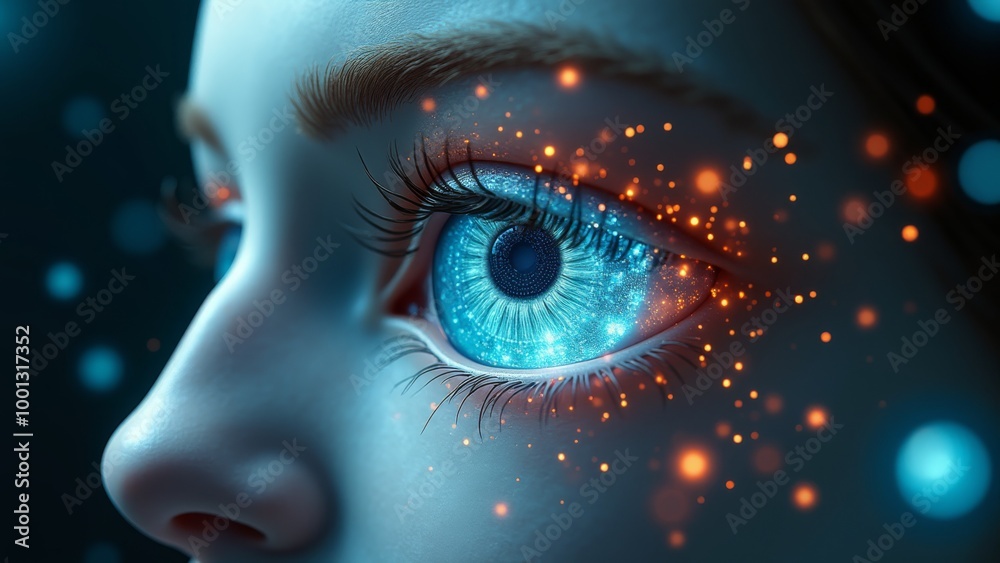 Fototapeta premium Generative AI, a close up of a blue eye with glowing stars around it and a blue background with a blue eye, realistic eyes, cyberpunk art, fantasy art 