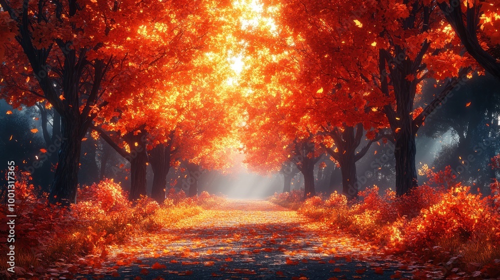 Vibrant autumn pathway lined with glowing orange trees. Vibrant autumn pathway lined with glowing orange trees.