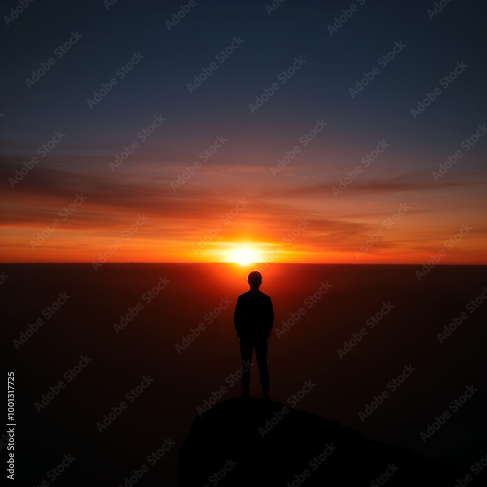 Person standing on a cliff watching the sunrise Person standing on a cliff watching the sunrise