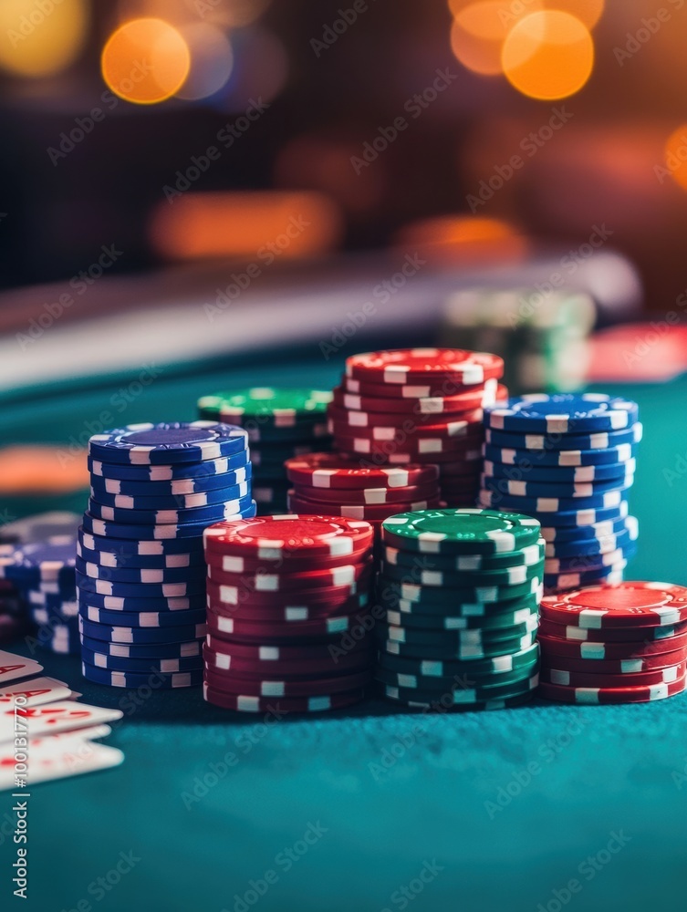 A vibrant casino table showcasing colorful stacks of poker chips during an exciting evening gaming session. Generative AI A vibrant casino table showcasing colorful stacks of poker chips during an exciting evening gaming session. Generative AI