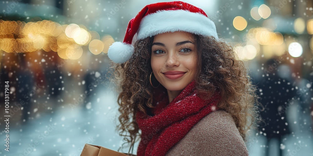 Smiling woman enjoying festive Christmas shopping on decorated city streets. Smiling woman enjoying festive Christmas shopping on decorated city streets.