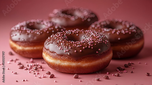 Food Photography of Three Chocolate Doughnuts with Sprinkles, Showcasing Their Irresistible Texture and Delicious Appearance, Placed on a Rustic Wooden Table, Evoking a Sense of Indulgence and Sweetne photo