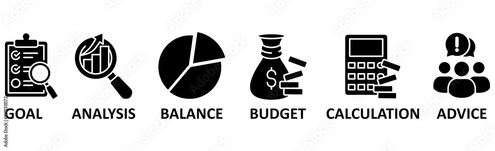 Accounting banner web icon vector illustration concept with icon of goal,analysis,balance,budget,calculation,advice Accounting banner web icon vector illustration concept with icon of goal,analysis,balance,budget,calculation,advice