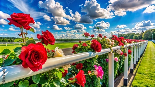 Vibrant roses and greenery adorn the iconic horse racing track's railing, set against a bright blue sky with