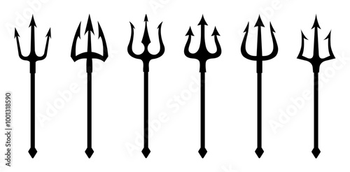 Trident icon set. Set of black silhouettes of trident on a white background. Neptune trident. Design element for logo, label, sign, poster. Vector illustration.