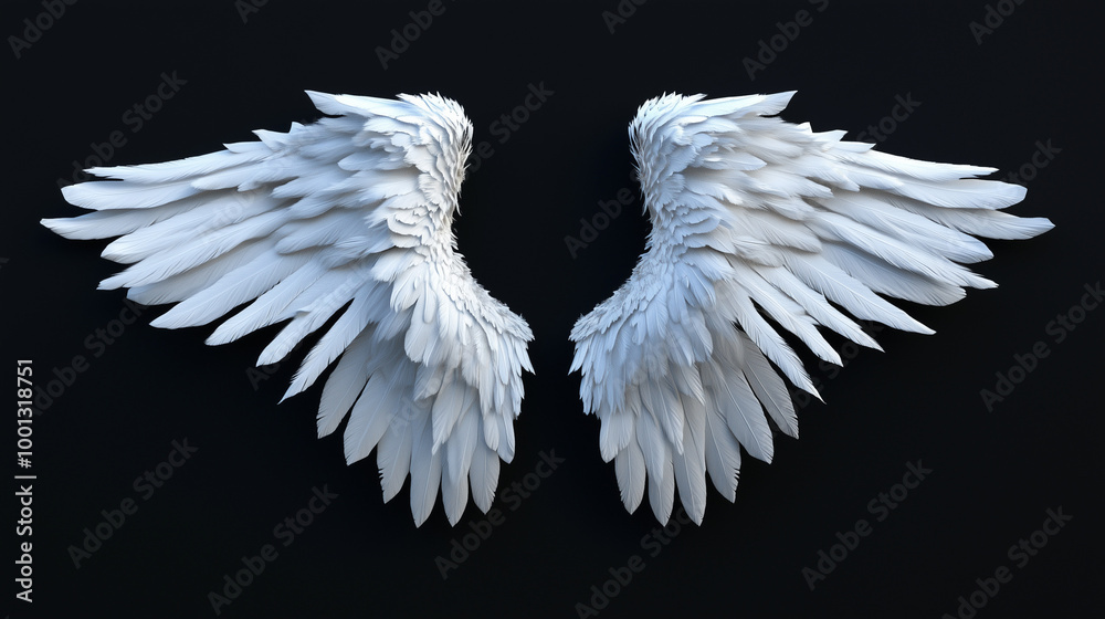 Fototapeta premium Realistic white angel wings isolated on solid black background 
