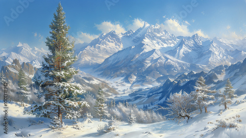 Majestic Snow-Covered Mountain Range Under a Clear Blue Sky..