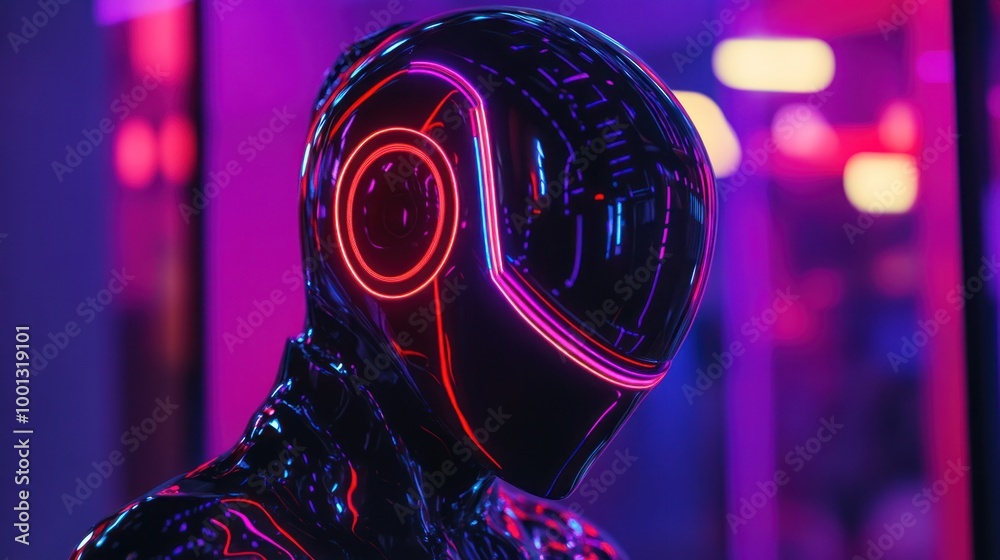 A futuristic humanoid robot with glowing neon accents in a vibrant, high-tech environment. A futuristic humanoid robot with glowing neon accents in a vibrant, high-tech environment.