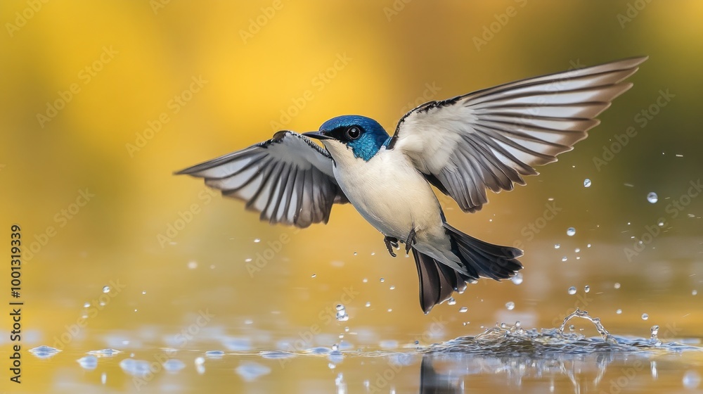 A bird in mid-flight above water, creating splashes as it hunts for insects. A bird in mid-flight above water, creating splashes as it hunts for insects.