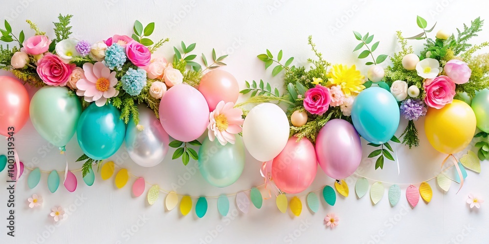 Vibrant springtime floral garland with ribbons and balloons in pastel hues adorns a white background, celebrating the Vibrant springtime floral garland with ribbons and balloons in pastel hues adorns a white background, celebrating the