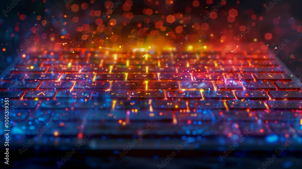 Glowing Keyboard with Colorful Light Effects and Digital Sparks.. Glowing Keyboard with Colorful Light Effects and Digital Sparks..