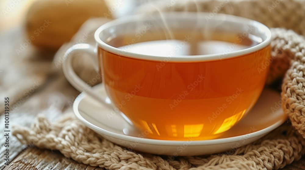 Steaming Cup of Tea with Knit Blanket for a Cozy Moment.. Steaming Cup of Tea with Knit Blanket for a Cozy Moment..