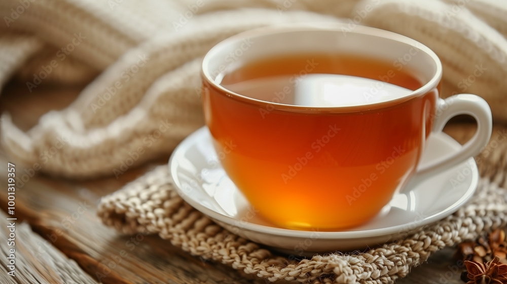 Cup of Hot Tea with Knitted Blanket for a Cozy Moment.. Cup of Hot Tea with Knitted Blanket for a Cozy Moment..