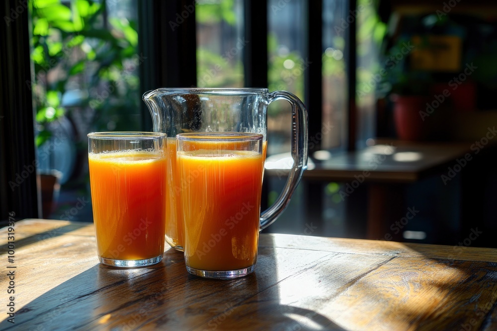 Fresh squeezed juice in a pitcher beside two glasses - generative ai Fresh squeezed juice in a pitcher beside two glasses - generative ai