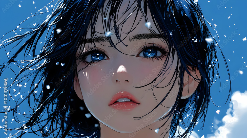 Anime Girl with Blue Eyes and Windblown Hair in the Sky Anime Girl with Blue Eyes and Windblown Hair in the Sky