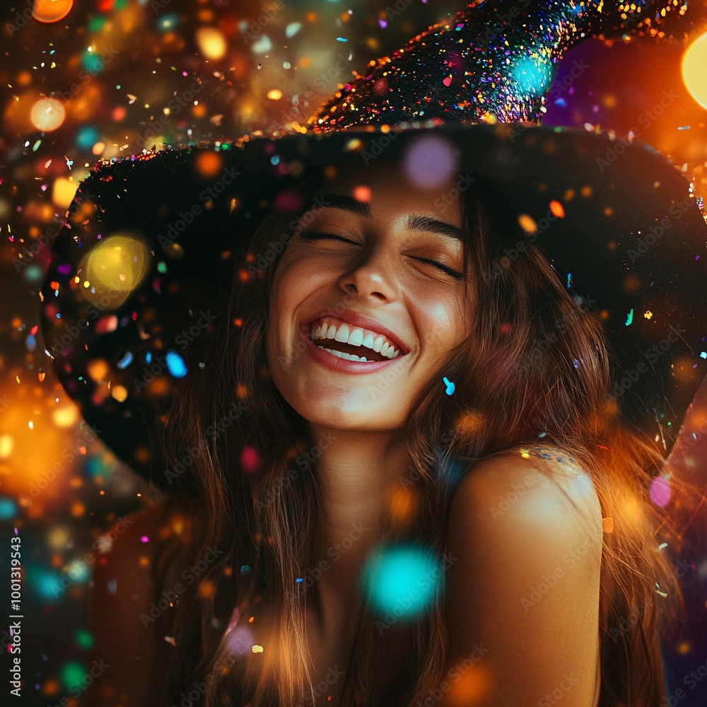 Smiling woman in a witch hat with colorful lights