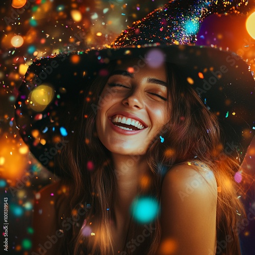 Smiling woman in a witch hat with colorful lights