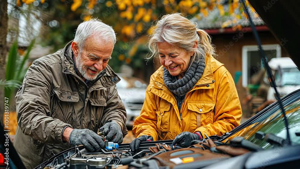 Senior Couple Repairing Car Together Outdoors in Autumn