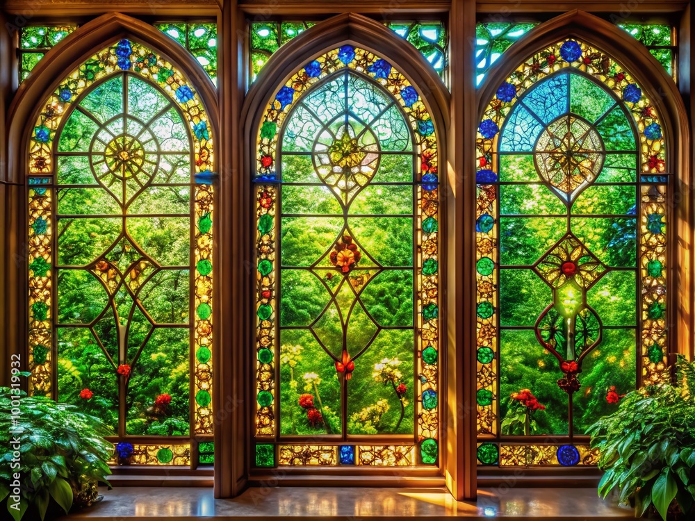 Obraz premium Vibrant stained glass windows with intricate patterns and lush greens, warmly illuminated, add a touch of elegant