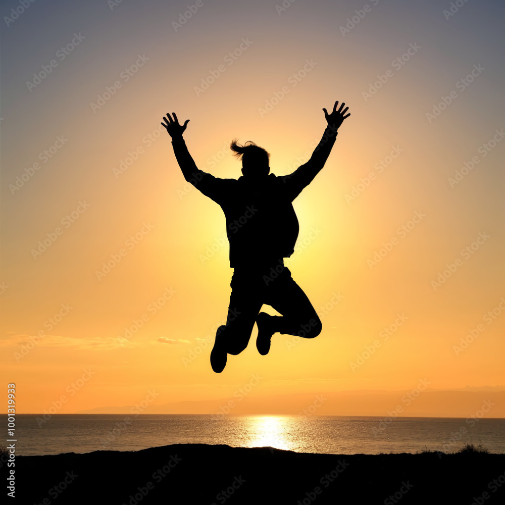 custom made wallpaper toronto digitalPerson Jumping in Joy at Sunset on the Beach Silhouetted Against Orange Sky