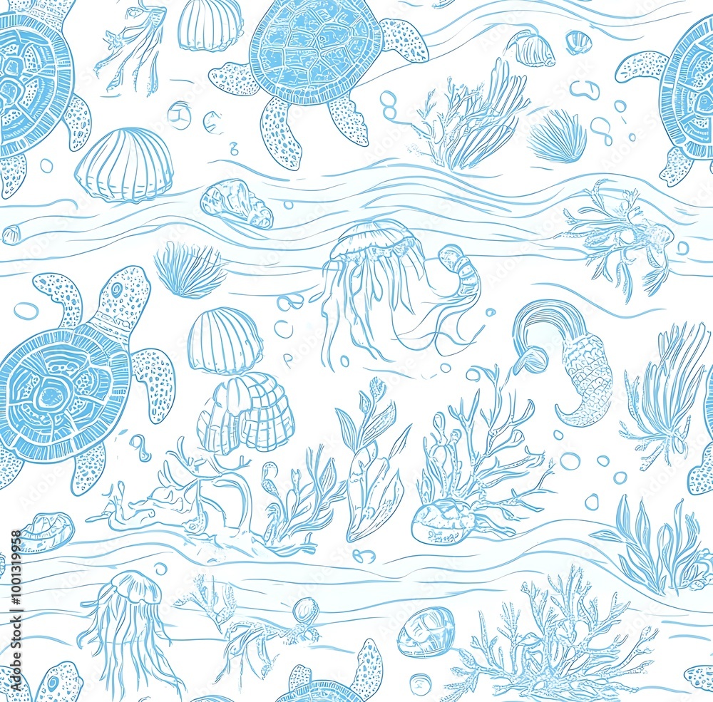 Light blue and white sea life seamless pattern Light blue and white sea life seamless pattern