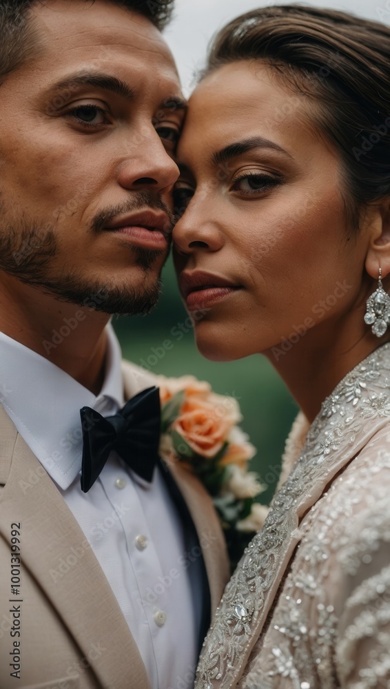 Close-up portrait of couple posing in formal attire with soft smiles and romantic expressions Close-up portrait of couple posing in formal attire with soft smiles and romantic expressions