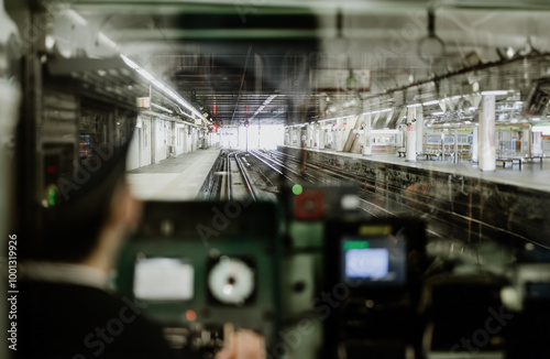 Obraz na płótnie Train driver waiting in cockpit Kyoto, Japan, Metro train driver, w salonie