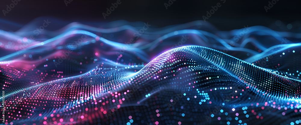 Abstract digital pattern of pink and blue wavy lines with glowing dots ...