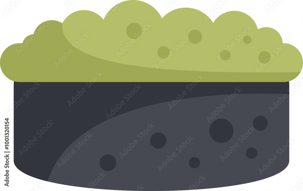 Simple vector illustration of gunkan maki, a popular japanese sushi dish, featuring a seaweed wrapped rice mound topped with green tobiko caviar Simple vector illustration of gunkan maki, a popular japanese sushi dish, featuring a seaweed wrapped rice mound topped with green tobiko caviar
