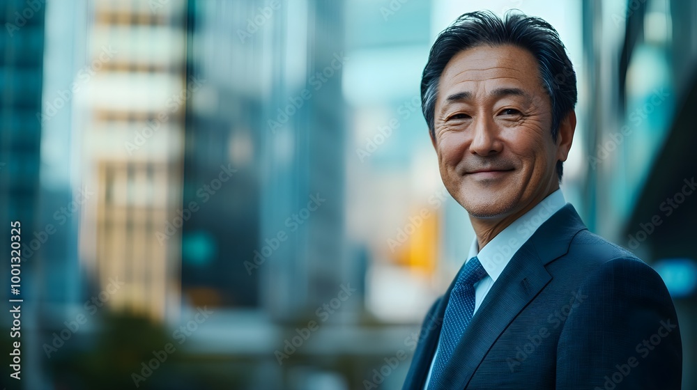 Photo portrait of smiling Asian (Japanese) businessman of senior age in smart business suit against the background of buildings of business center of big city. Big business, successful business, top m Photo portrait of smiling Asian (Japanese) businessman of senior age in smart business suit against the background of buildings of business center of big city. Big business, successful business, top m