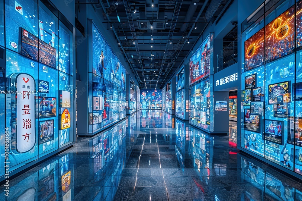 A large, brightly lit room with many blue screens on the walls A large, brightly lit room with many blue screens on the walls