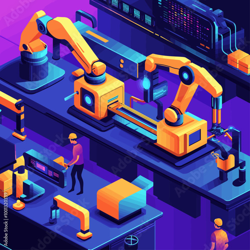 Collaborative Robots, Automation Technology Vector Illustration