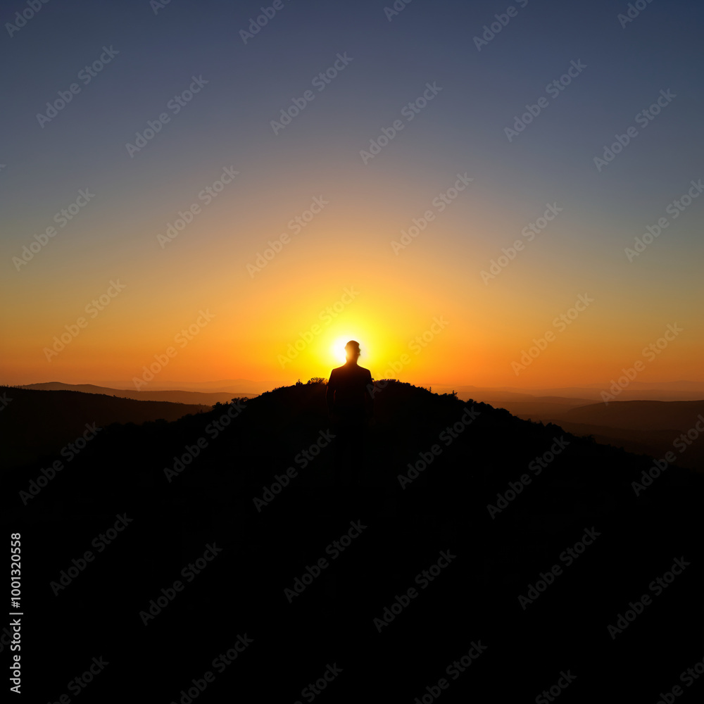 Silhouette of a Man on a Hilltop at Sunrise with a Glowing Horizon Silhouette of a Man on a Hilltop at Sunrise with a Glowing Horizon