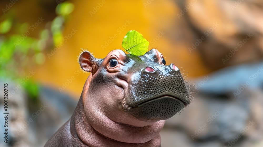 Hippo with Leaf on Head in Natural Habitat Hippo with Leaf on Head in Natural Habitat