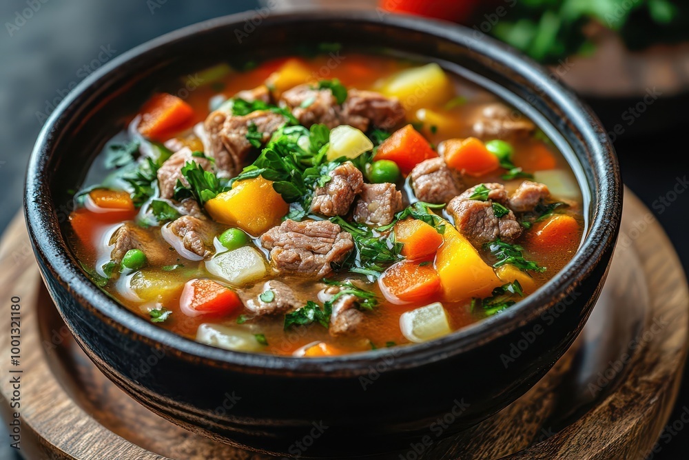 warm bowl of vegetable soup with tender pieces of meat beautifully arranged to showcase enriching colors and textures that signify comfort and nourishment warm bowl of vegetable soup with tender pieces of meat beautifully arranged to showcase enriching colors and textures that signify comfort and nourishment