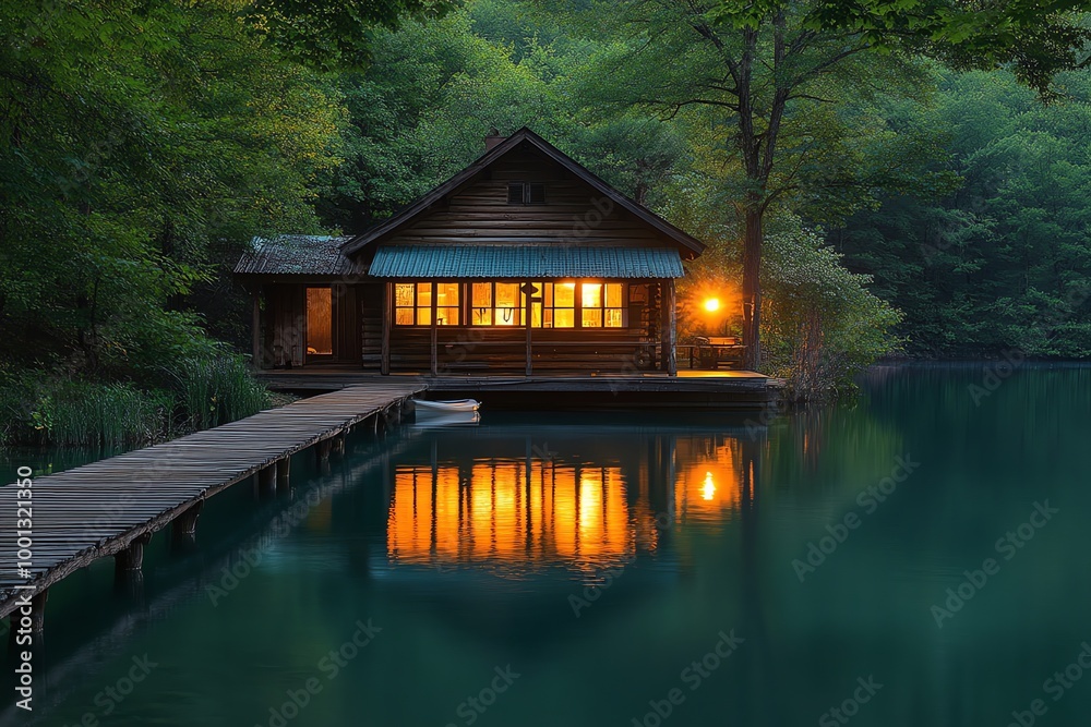 A wooden cabin with glowing windows sits on a lake at dusk, a small wooden dock leads out to the cabin. A wooden cabin with glowing windows sits on a lake at dusk, a small wooden dock leads out to the cabin.