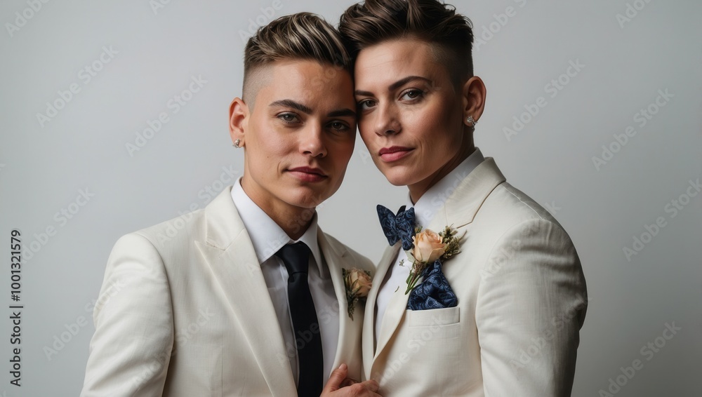Couple in matching suits with modern hairstyles posing in studio for wedding portrait Couple in matching suits with modern hairstyles posing in studio for wedding portrait