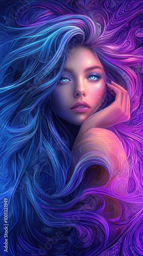 Ethereal beauty with vibrant hair, lit by enchanting colors and deep emotions