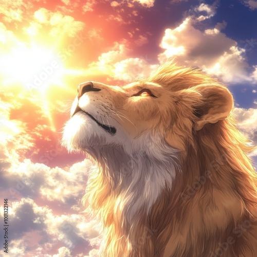 Wallpaper Mural A powerful lion stands proudly, eyes closed, as the warm rays of the sun illuminate its mane Torontodigital.ca