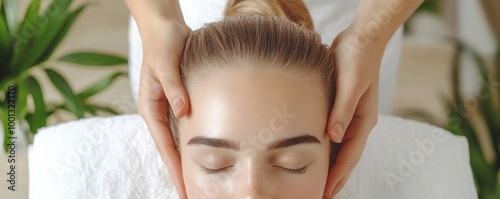 Professional Scalp Treatment for Hair Regrowth A Woman Receiving a Gentle Scalp Massage for Hair Loss and Bald Spots, Promoting Healthy Hair Growth and Overall Scalp Health photo