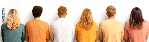 Group of diverse individuals standing side by side, facing away, showcasing different hairstyles and outfits against a white background.