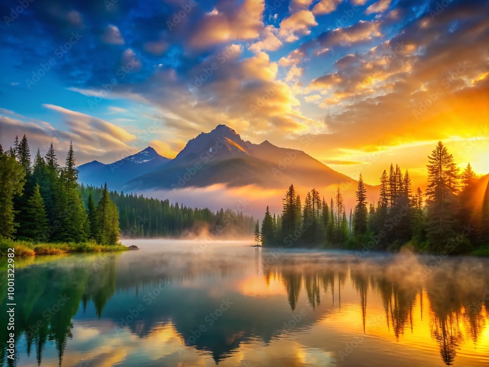 Vibrant sunset over serene lake, warm golden light illuminates majestic mountains, misty fog rises, and lush green Vibrant sunset over serene lake, warm golden light illuminates majestic mountains, misty fog rises, and lush green